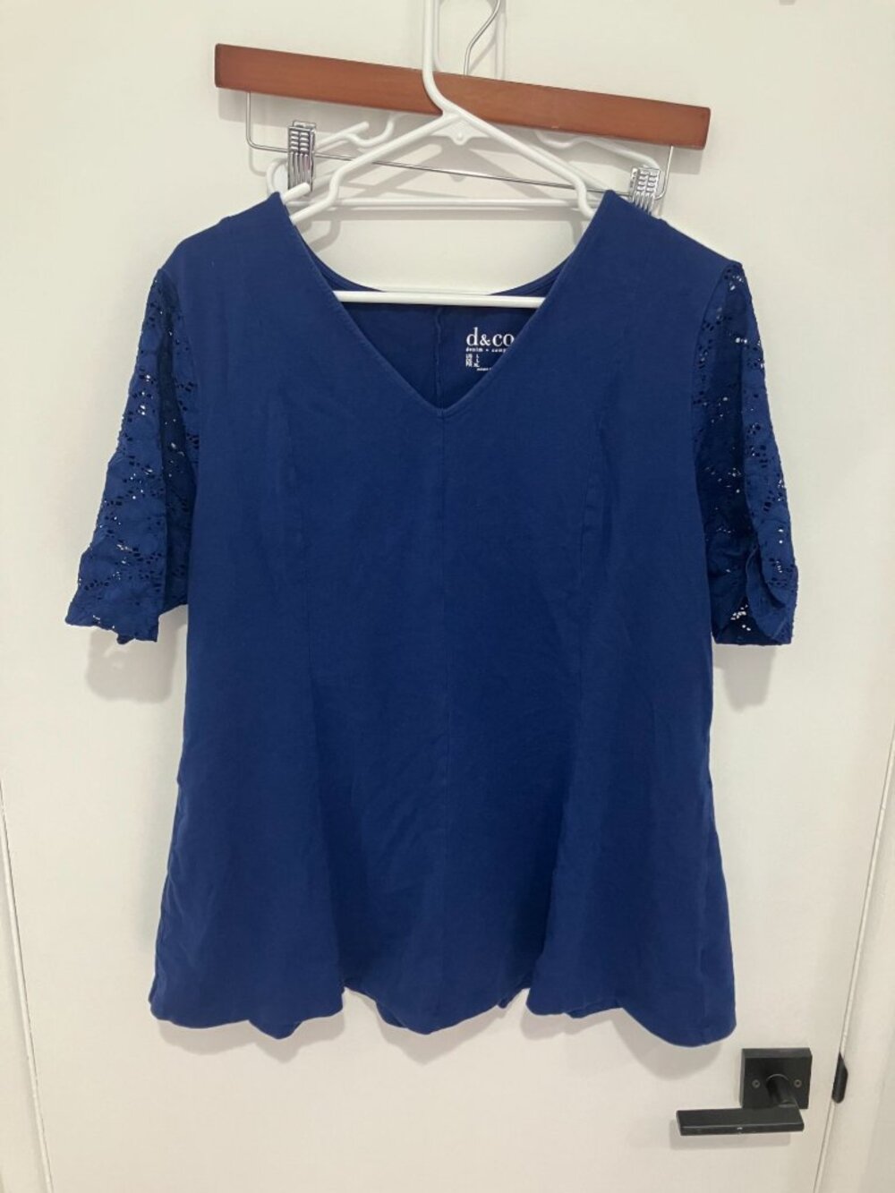 Denim & Co Blue Lace Elbow Sleeve Fit & Flare V-Neck Top Blouse Tunic Large